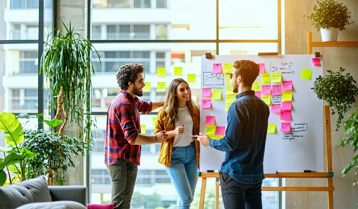 Modern tech startup office in Bogotá with team members collaborating at a whiteboard