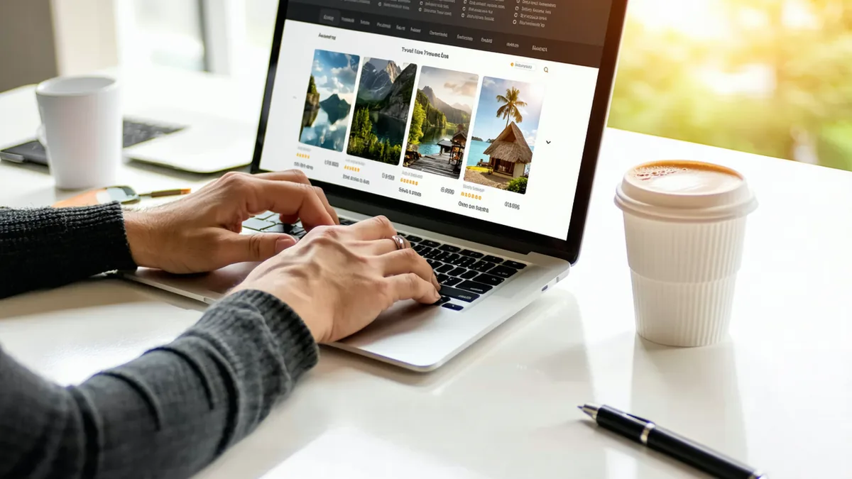 Travel professional reviewing tour listing details on a laptop