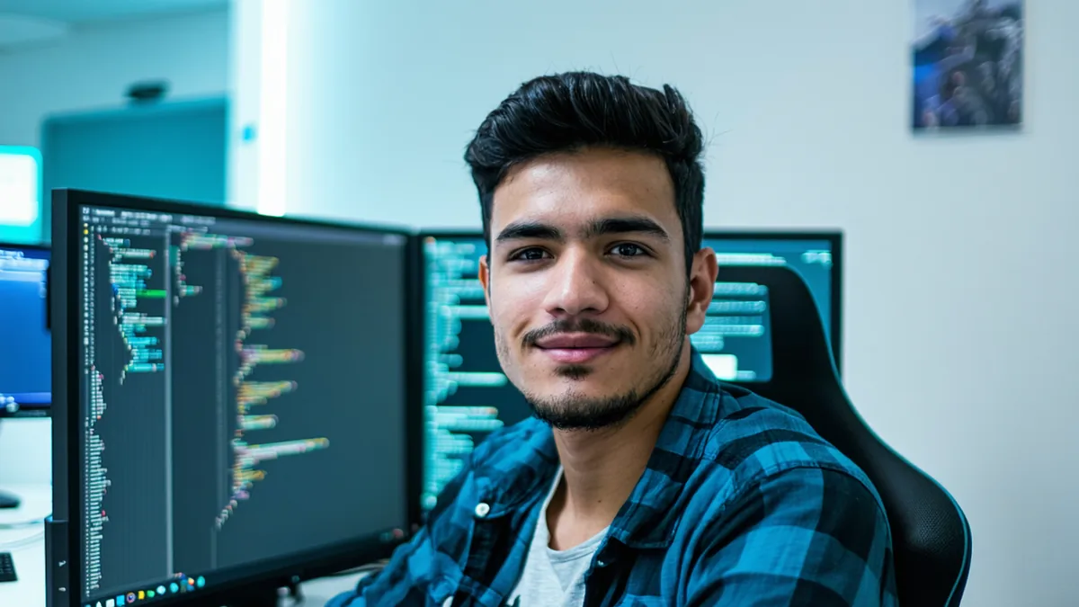 Developer working on integration code on dual monitors in a modern workspace