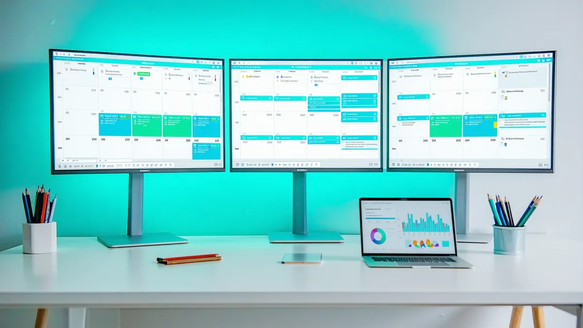 Multiple booking channel screens on a desk showing synchronized availability