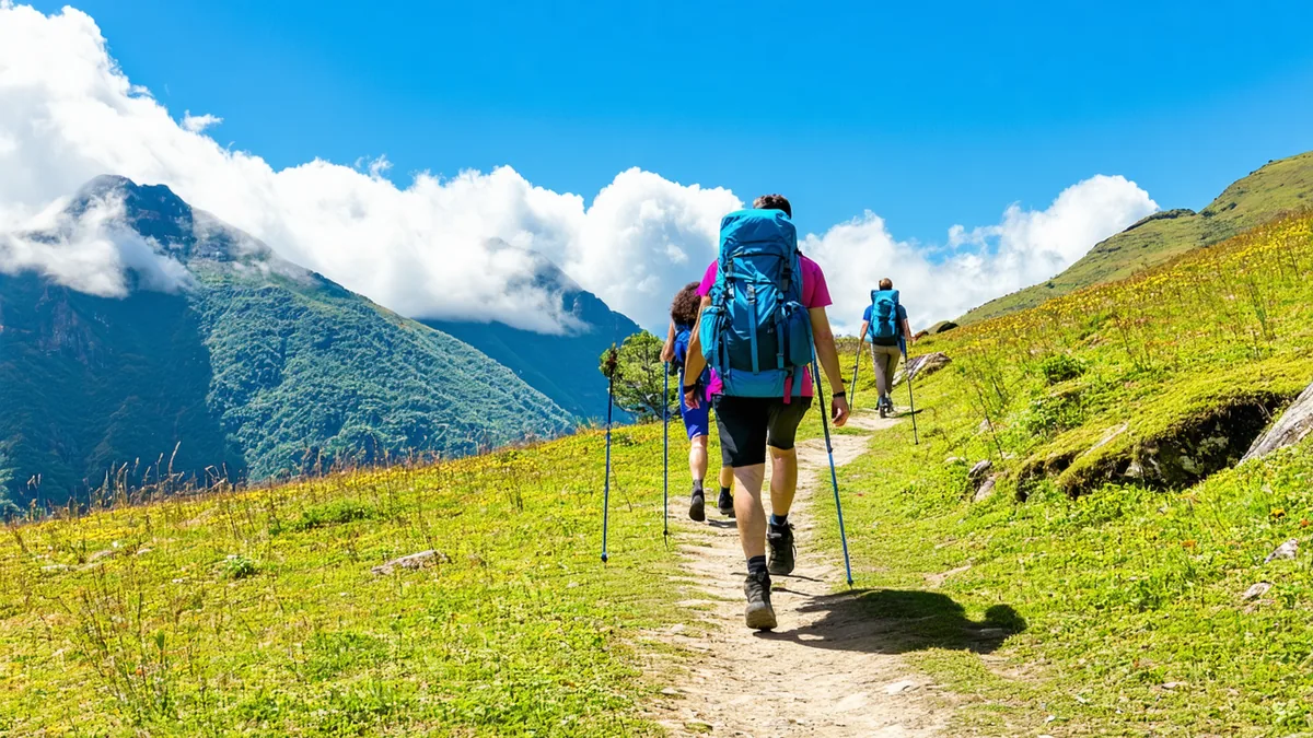 Andean mountain trail with hikers during peak season