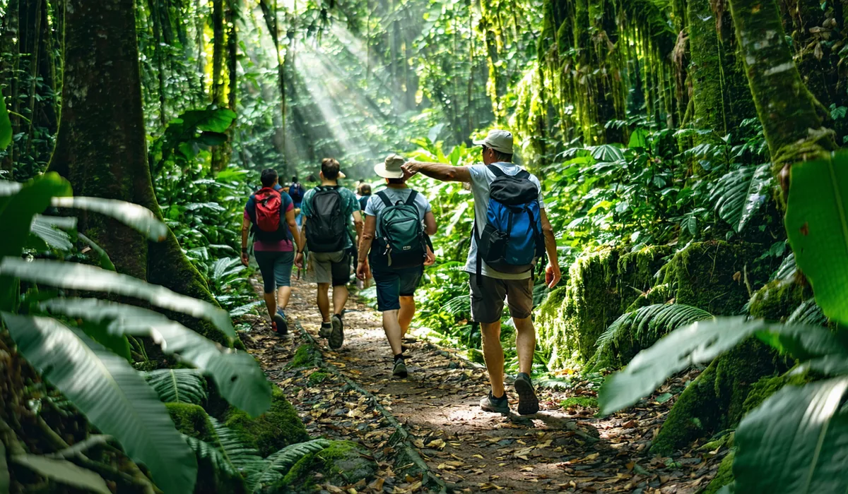 Tour guide leading a small group through a lush jungle trail in Colombia